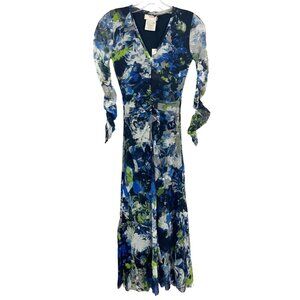 NEW Fuzzi Floral Mesh Midi Dress Ruched Sleeves V-Neck Black Blue Artsy Size XS